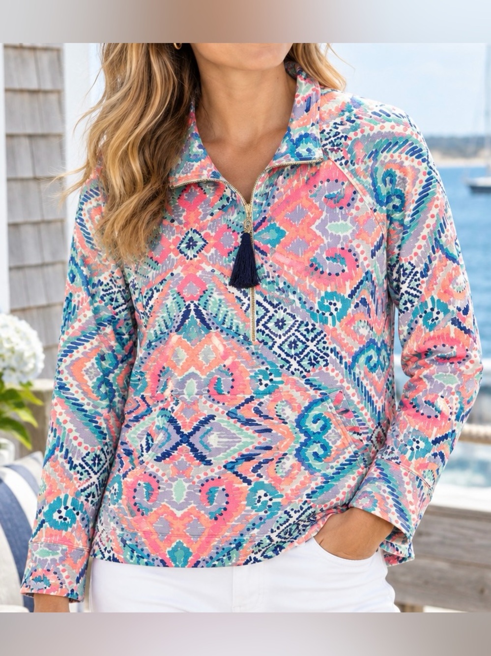 Lilly Pulitzer Top Womens Small Pink 1/4 Zip Tassel Solar Opposites Ikat Coastal